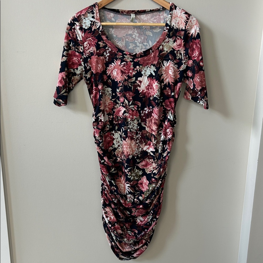Mother Bee Maternity Floral Midi Dress in Pink and Black